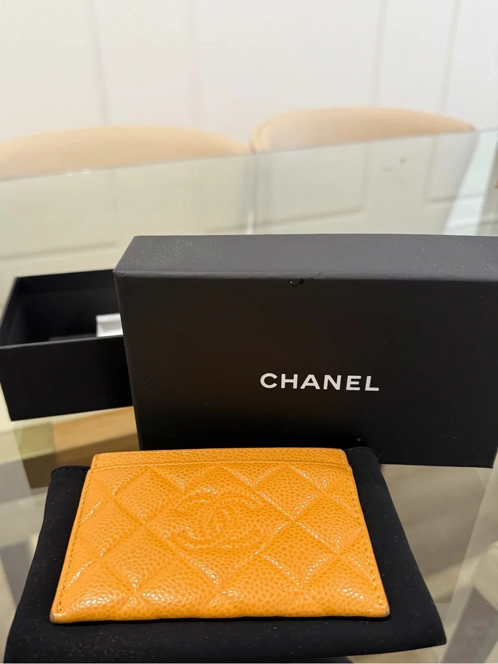 CHANEL Quilted Caviar Leather Card Holder in Mustard